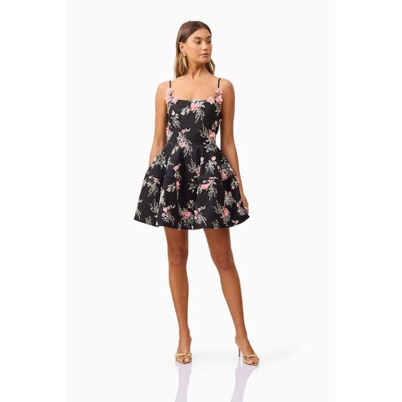 ELLIATT Gaia Floral Mini Dress in Black Birthday Party Cocktail size S NWT $550 - Picture 2 of 7
